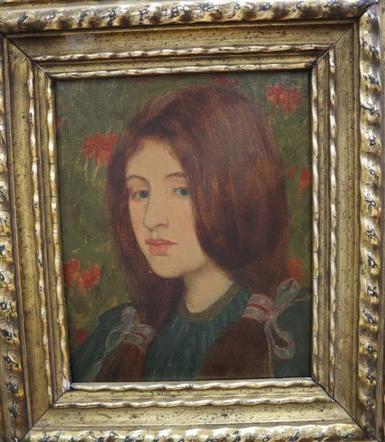 19th century English School, oil on canvas, Portrait of a young girl with ribbon tied hair, 27 x 22cm
